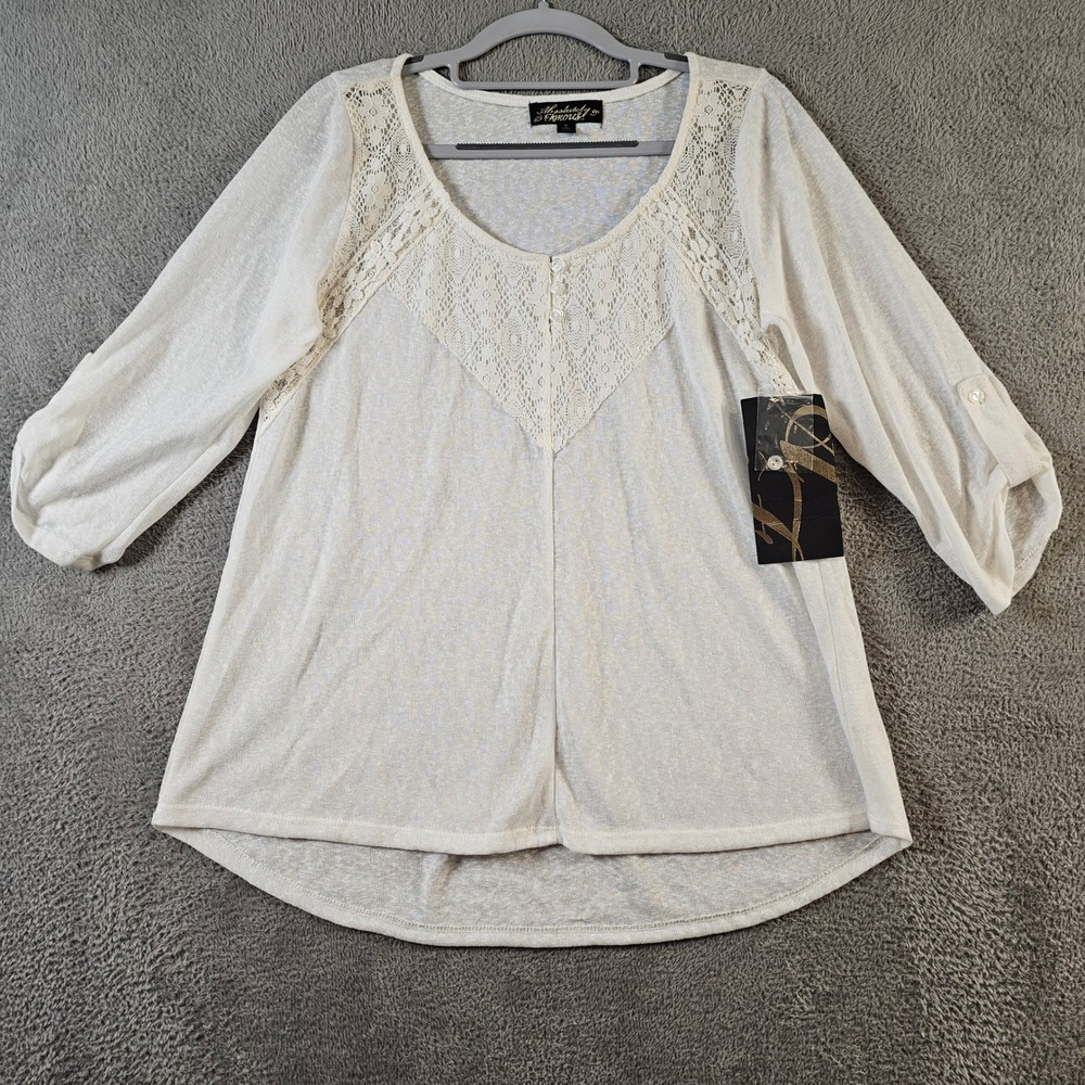 Absolutely Famous Cream Lace Panel Roll Tab Sleeve Knit Top Small NEW S